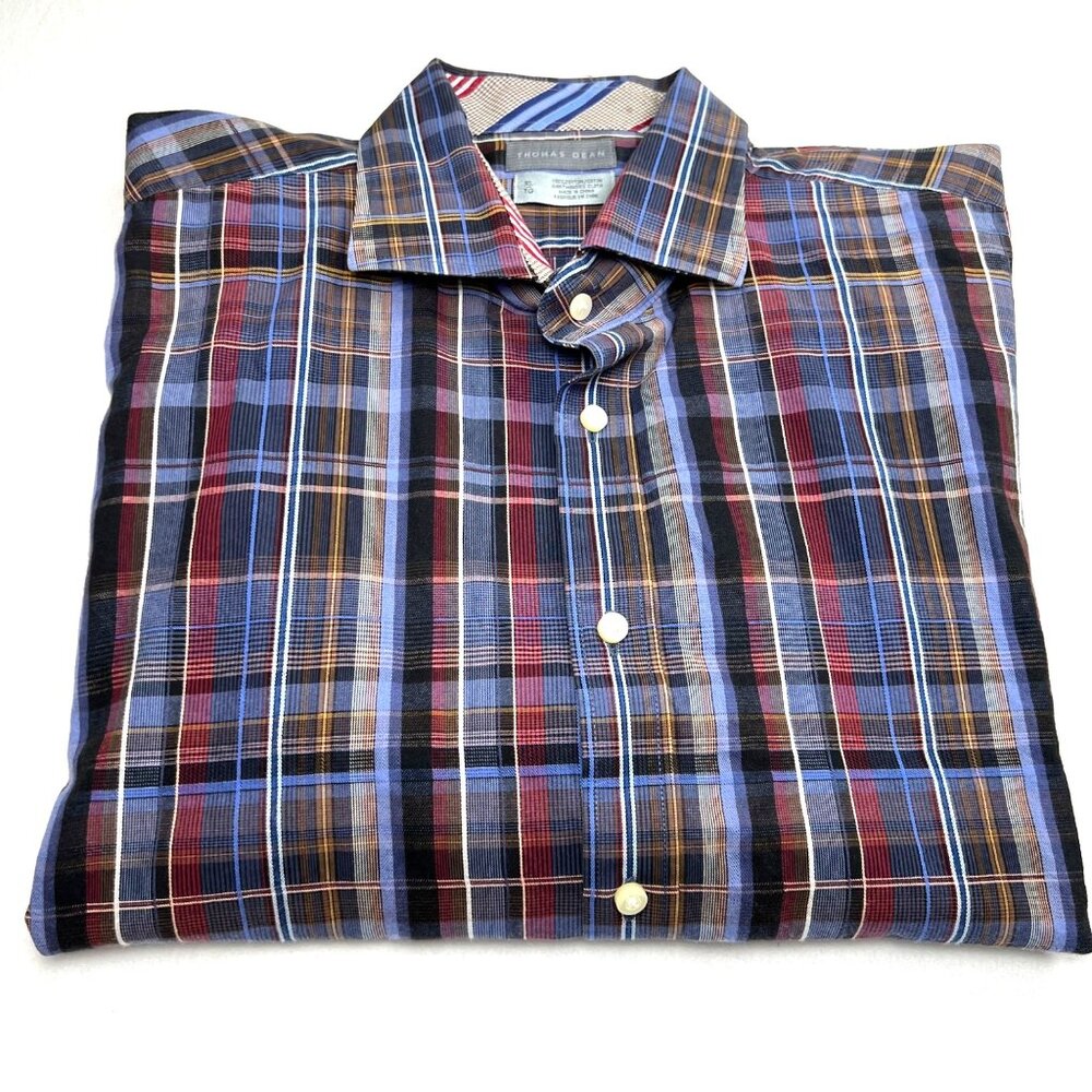 Thomas Dean Mens XL Plaid Cotton Long Sleeve Button-Up Shirt Flip Cuff Collar